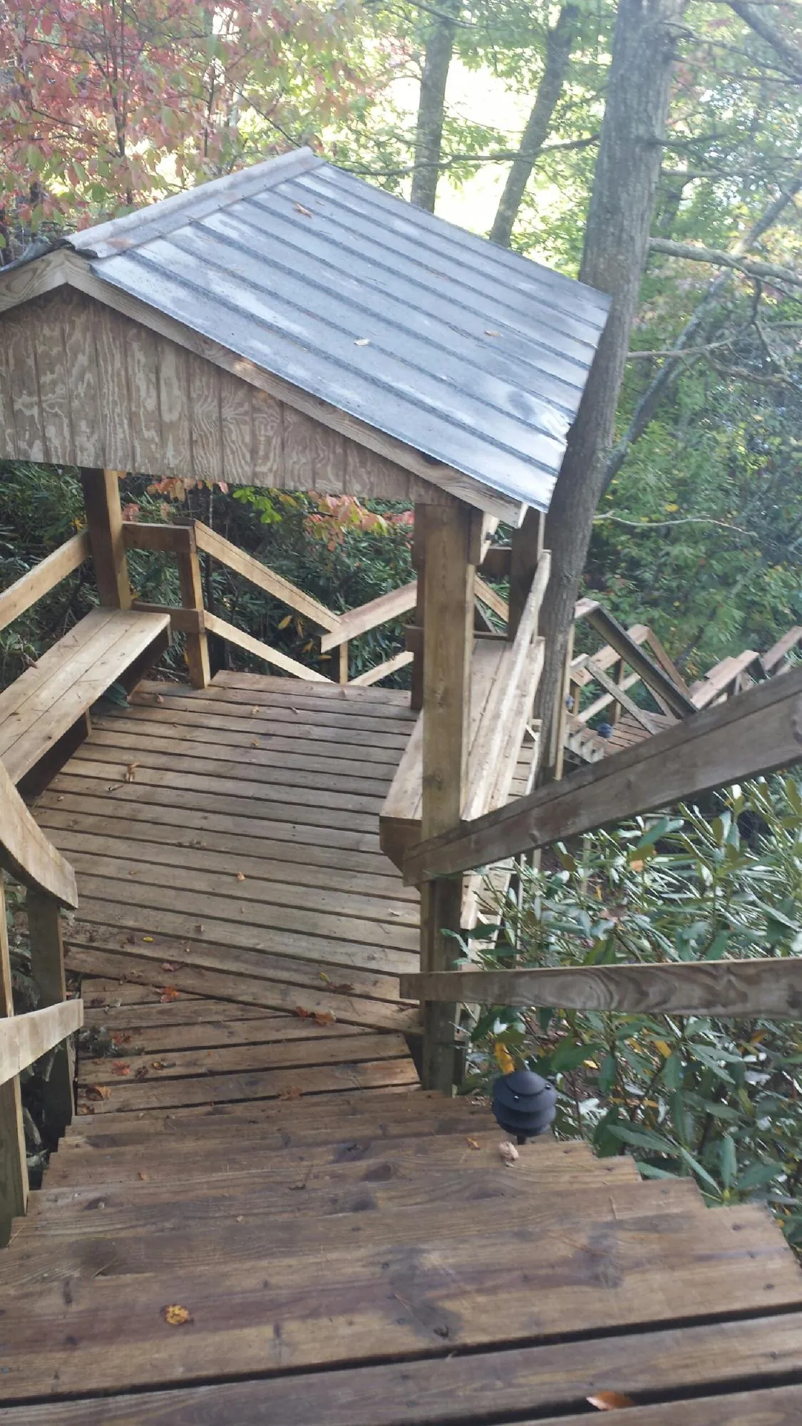Metal roofed shelter over wooden steps on a wooded walkway — Skylight Repair & Installation work by our crew in Scottsmoor